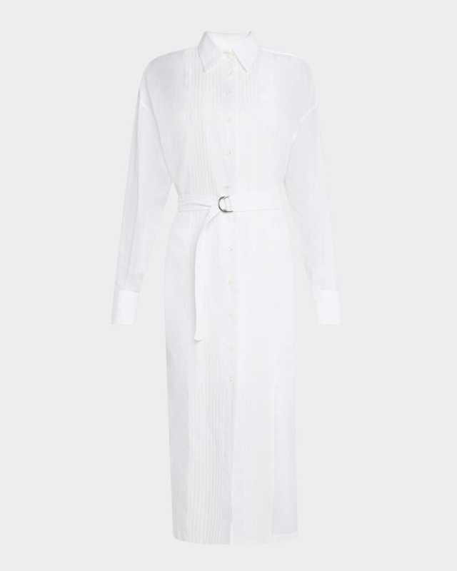 Tuxedo Bib Long-Sleeve Belted Organza Tunic Shirt